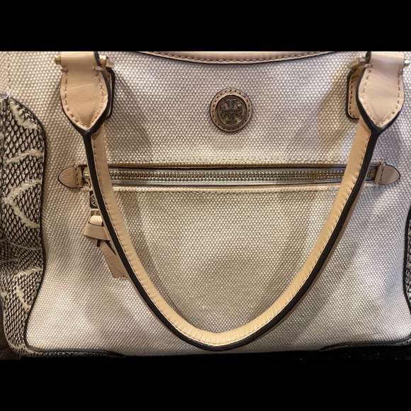 TORY BURCH PYTHON SNAKESKIN LEATHER COLOR BLOCK W/CANVAS SHOULDER BAG HANDBAG - Picture 13 of 16